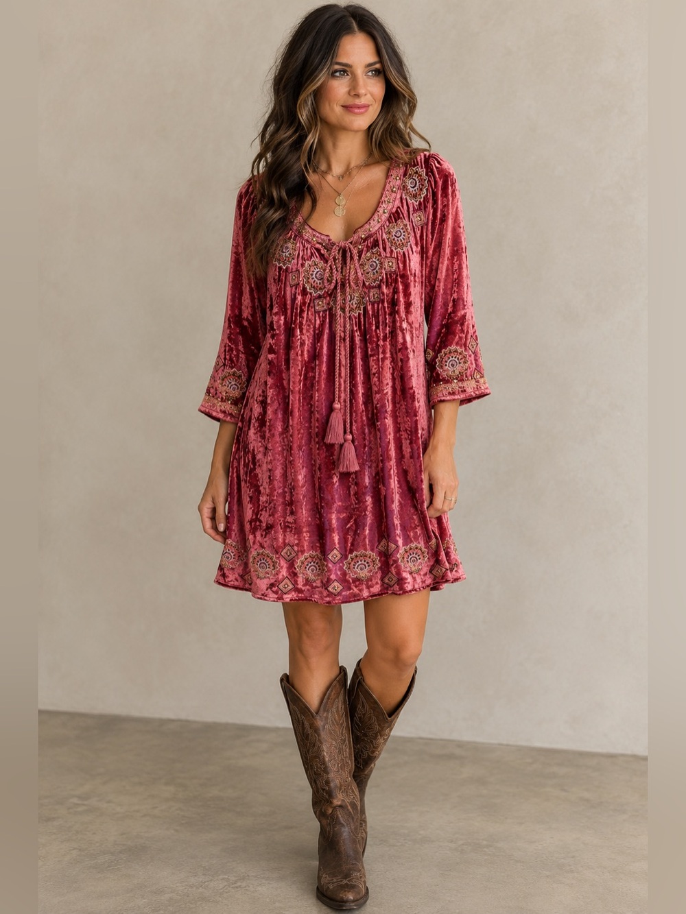 Shyanne Velvet Embroidered Tunic Dress Size Small